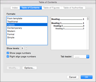 use table of contents in word 2011 for mac